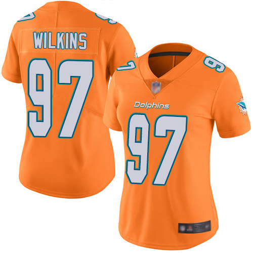 Nike Miami Dolphins 97 Christian Wilkins Orange Women Stitched NFL Limited Rush Jersey